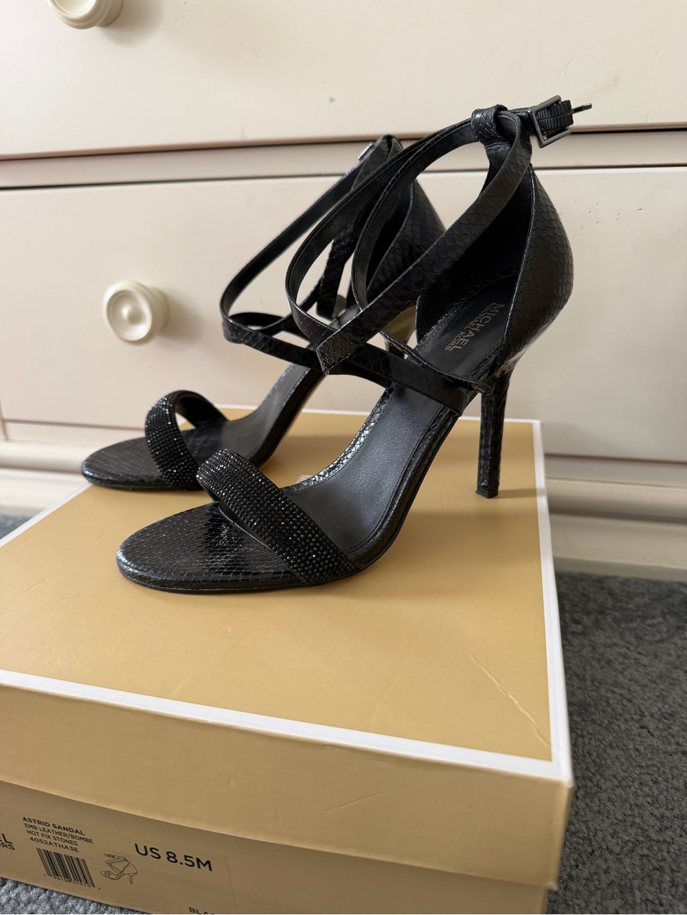 Michael Kors Black Strappy Stiletto Astrid with Crystal Toe Band